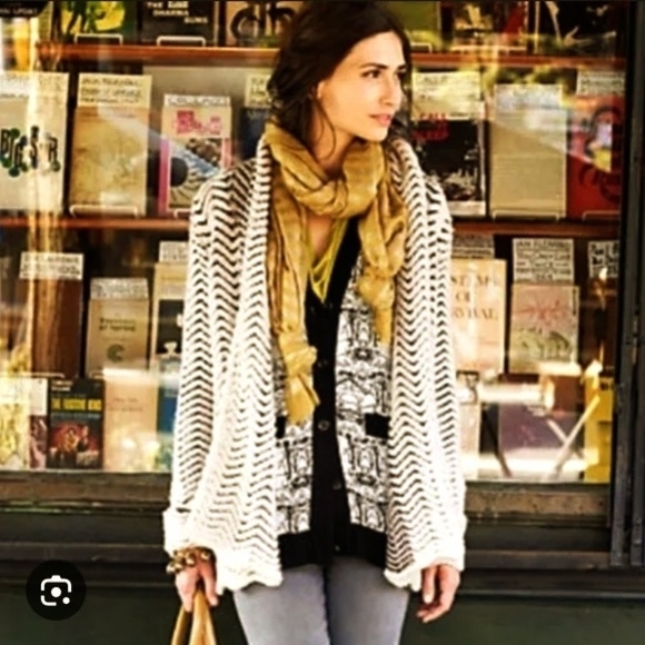 **Anthros** MOTH Filamentous Chevron Print Open Front Belted Cardigan. Size M - Picture 2 of 16